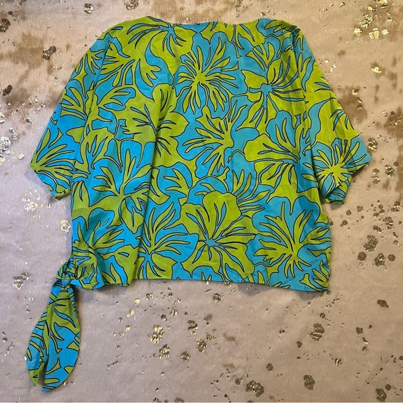 NWOT Michel Kors 3X Blue & Green Floral Pattern Tie Top - Picture 3 of 7